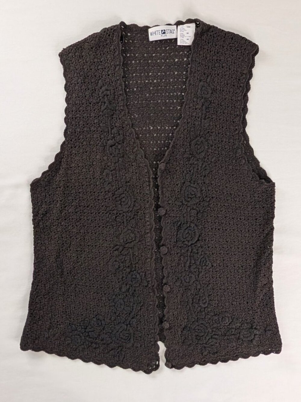 VTG Brown Crochet Floral Knit Button Front Sweater Vest Cottage Warm Tone